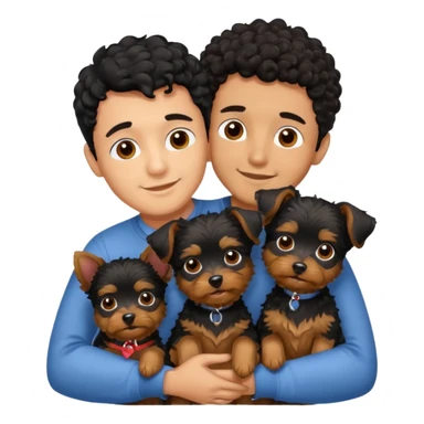 Young man with little brown skin, black curly hair, cheerful dark brown eyes, hugging two yorkie terrier  sticker