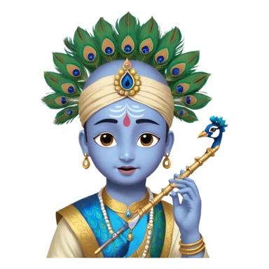 Lord Sri Krishna carrying only one peacock feather on his head with cute face and play flute with happy, big laugh, crying-laugh, sad, ugly cry, shocked, scared, angry, rage, annoyed, side-eye, confused, bored, sleepy, love, blush, smug, proud, panic, facepalm, awkward, thinking, sick, celebratory sticker