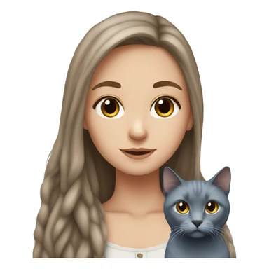 White girl who Has Brown long hair and russian blue cat together sticker