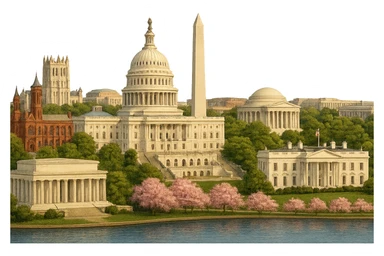 cinematic realistic emoji of Washington DC, wide city view with iconic landmarks: US Capitol, Washington Monument, Lincoln Memorial, Jefferson Memorial, White House, Smithsonian Castle, National Cathedral, Supreme Court, and the Tidal Basin with cherry blossoms. Lifelike detail, accurate colors, bright daytime lighting, no sky, no clouds, no city name label, transparent background sticker