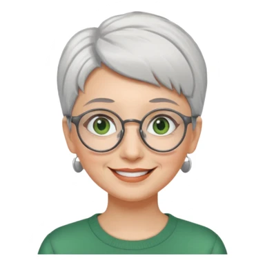 visage femme a lunettes ronde avec cheveux courts gris-blancs aux yeux verts qui souris sticker