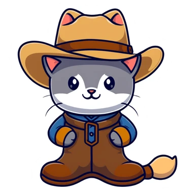 Grey kitten wearing a tan cowboy hat and brown boots sticker