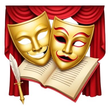 Create a bold and dramatic emoji representing the art of playwriting. The design should feature an open script or a theater playbook, with stylized text lines or dramatic dialogue inside. Include elements like a theatrical mask (comedy or tragedy), a stage spotlight, or a quill to symbolize creativity and performance. Use deep, contrasting colors like red, black, and gold to evoke the intensity and passion of drama. The overall design should feel dramatic, inspiring, and artistic. Make the background transparent. sticker