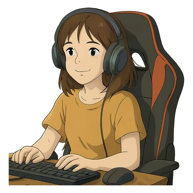 female streamer with headphones and a gaming chair sticker