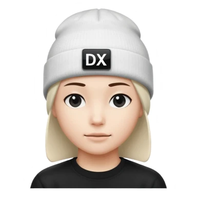 wearing a white beanie with an black square logo with the word "DX" written on it.

 sticker