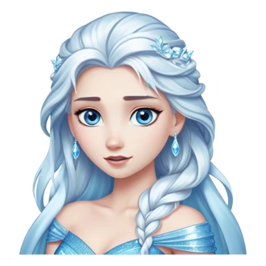 Cinematic Elegant Snow Queen Portrait Emoji, rendered in a realistic, vector-style with minimal shading and bold, simplified shapes. Depict Elsa (chest and above) with icy pale skin, long flowing platinum hair, and piercing blue eyes that exude quiet power, dressed in a shimmering ice-blue gown. The image glows with a soft, frosty radiance and high shine, capturing her ethereal, regal beauty. sticker