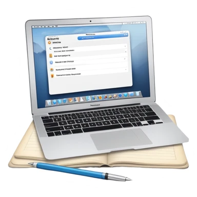 online booking system on MacBook screen next to old-style paper notebook with pen sticker