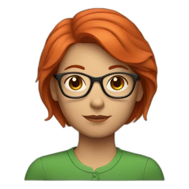woman short red hair with glasses and a computer. Green shirt sticker