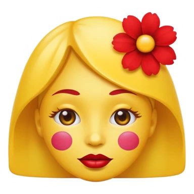 Create an yellow circle face emoji that lips are big, red, shiney and have flower on her head sticker
