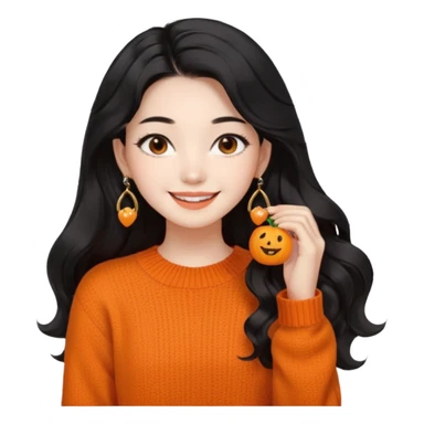 Korean 24-year-old female online shopping mall seller / Orange knit / White face / Earrings / Smiling expression / Long wavy hair / Influencer vibe / Fashionable / Black hair sticker