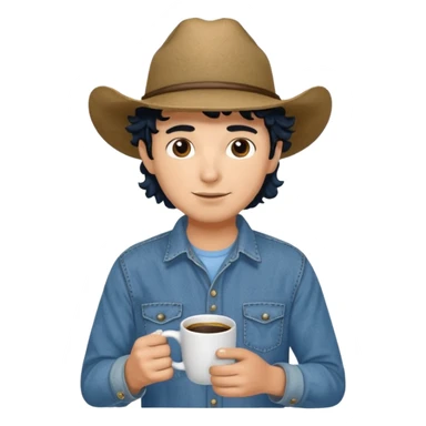 Ranch hand with blue hat and coffee mug, curly black hair sticker