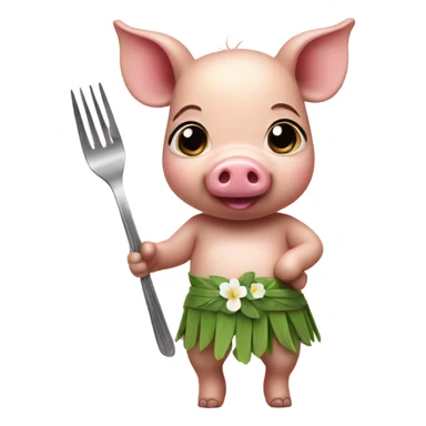 Baby pig wearing a hula skirt holding a fork sticker