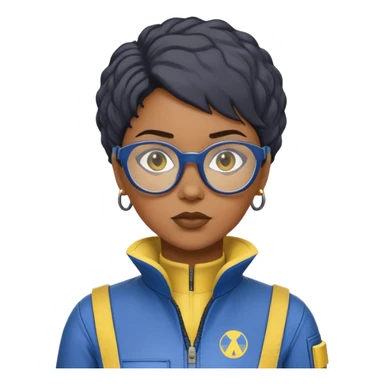 stern Black woman with short textured hair, glasses, wearing blue Fallout Vault jumpsuit with yellow trim and number on back, minimalist sticker