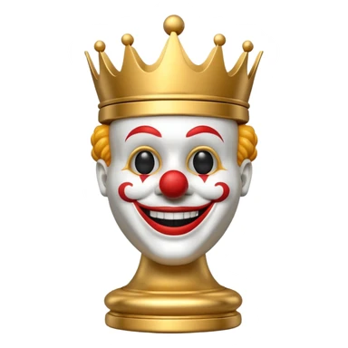 3D chess king piece with a clown head, gold king piece, clown head all white sticker