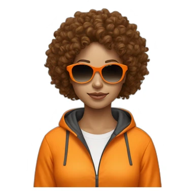 generate a brown curly hair woman with black sunglasses, she wear a orange tracksuit  sticker