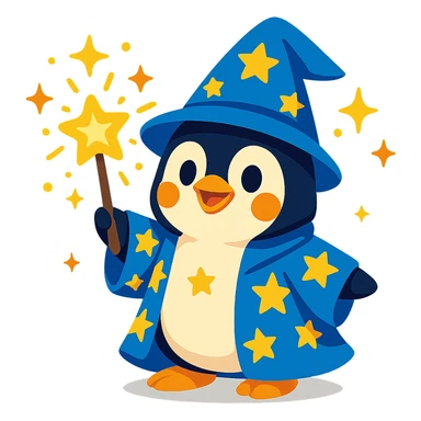 cute penguin wizard with a starry robe and a glowing wand, magical sparkles around sticker