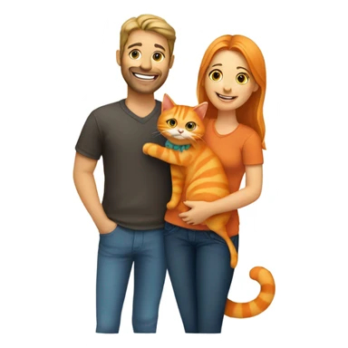 a happy woman and a man are friends and holding a orange cat sticker