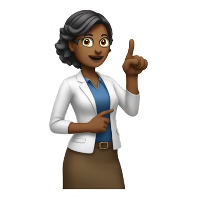 female teache pointing at a board sticker