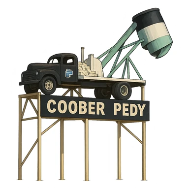 Такая же картинка с надписью Coober Pedy в слегка рисованном, но при этом объёмном стиле, прозрачный фон sticker