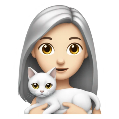 a white girl with a white cat on her hands, a cat have a gray ears and tail sticker