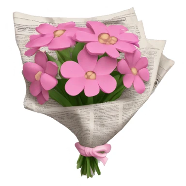 A bouquet of pink flowers wrapped in newspaper sticker