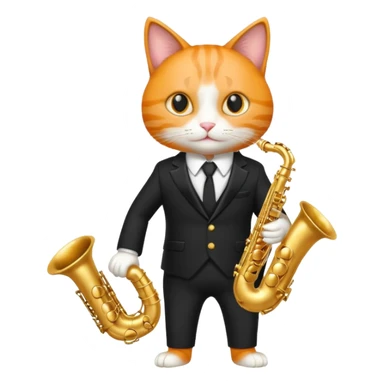 orange cat play gold saxophone, wear black suit sticker
