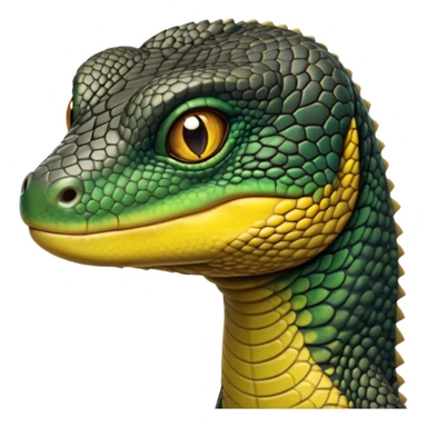 cinematic-realistic-cute-monitor-lizard-portrait-emoji,-head-tilted-playfully-and-inquisitively,-featuring-a-compact,-agile-body-with-finely-detailed,-glossy-scales-in-earthy-black and yellow-hues-and-a-distinct,-alert-face-with-bright,-curious-eyes, black , yellow spotted and green band  scales and a slender neck sticker