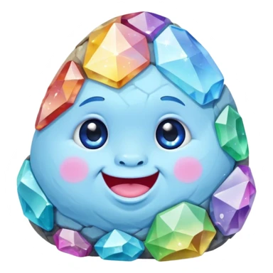 A single pastel rainbow crystal baby rock character, chubby and heavy with a chunky, irregular polygon shape, not egg-shaped, covered in faceted crystal planes and small chips, soft blue face carved into the rock, big glossy rainbow eyes and a small smiling mout sticker