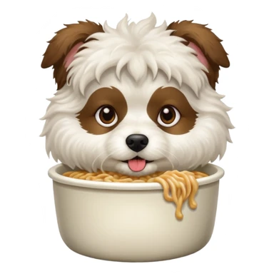 a brunette white wooly dog eating a pot noodle sticker