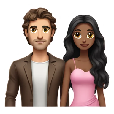A handsome pale Greek god man who has long brown hair and tanned skin with a pretty black skinny tall model woman who has long black hair and she is wearing a pink dress and they are a couple sticker