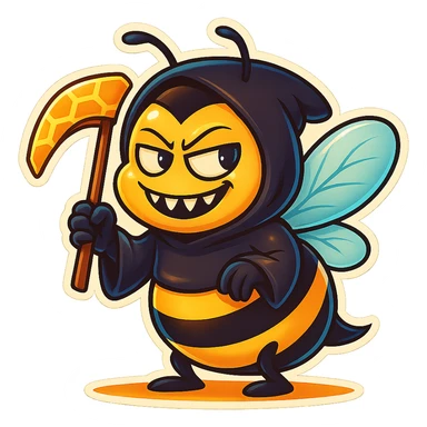 Give this mischievous cartoon bee grim reaper a honeycomb-shaped scythe instead of the regular one in retro stickers style. sticker