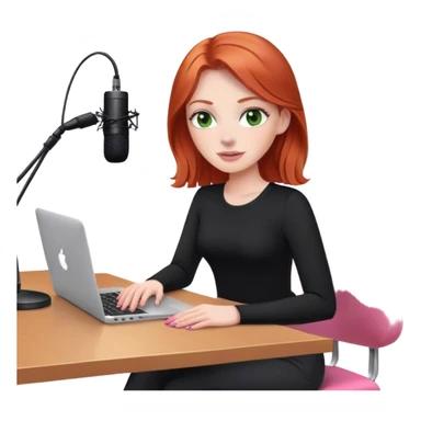 Redhead with green eyes sat at desk with pink MacBook and  podcast microphone black top and pink chair  sticker
