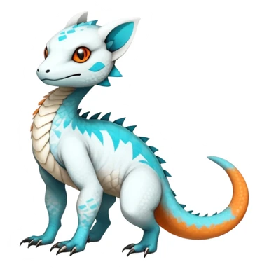 Rare realistic exotic cute white gloomy whitish and orange and cyan epic pretty beautiful handsome gorgeous aesthetic colorful vibrant Vernid-Trico-species-Fakemon-Salandit-hybrid-creature by LiLaiRa, 4 legs, 1 tail, random markings, (full body) sticker