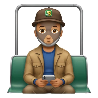 Man sitting on a subway seat, side view, passenger sticker