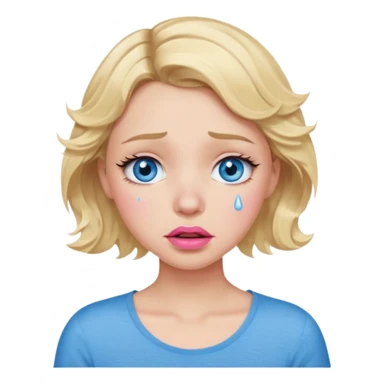 Girl Blonde short wavy hair,  blue eyes, cute blue top, long lashes, pink lips,crying with tears running down the face  sticker