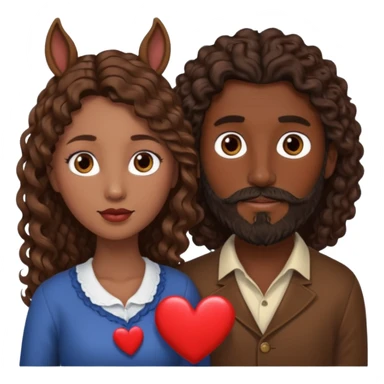 pareja de Mujer morena rizada cabello largo castaño ojos oscuros y hombre piel blanca con caballo oscuro con barba y ojos marron alrededor de la pareja corazones sticker