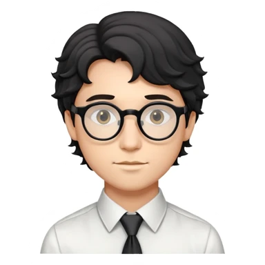 Young man with black wavy hair, round glasses, dressed for theater in smart casual outfit with dress shirt and tie sticker