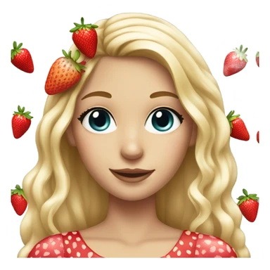 a beautiful girl, long blonde hair with strawberry in her hair, white skin, strawberry dress sticker