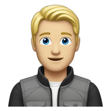 A blond man with blue-gray eyes is wearing a gray jacket and a black vest sticker