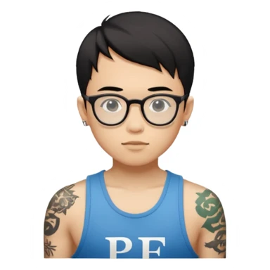 A young boy with A macbook laptop, black straight short hair, wearing glasses, wearing a tanktop, has tattoos, he is asian

Add the letters "P I F" floating around sticker