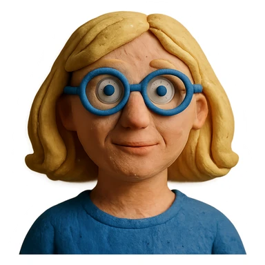 claymation style blonde 40 year old woman with blue eyes and glasses sticker
