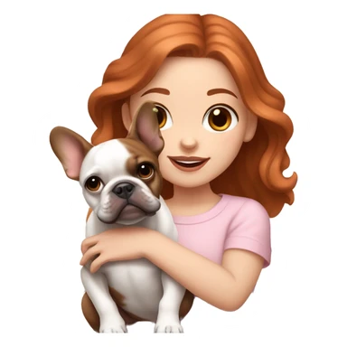  white skinned girl with medium pink wavy hair holding a brown and white french bulldog puppy  sticker