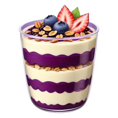 Açaí in a clear cup with layers of fruits and granola and condensed milk sticker