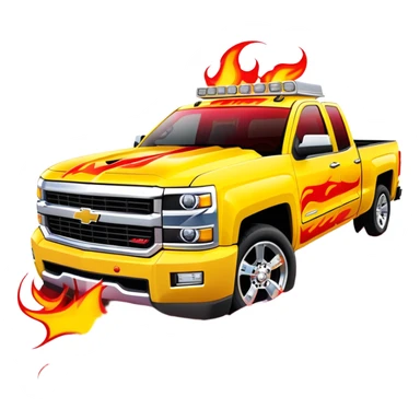 Bright yellow Chevrolet Silverado with bold airbrushed red flame artwork covering entire hood and extending to fenders, authentic Kill Bill custom paint job, 30-degree angle, iOS emoji style sticker