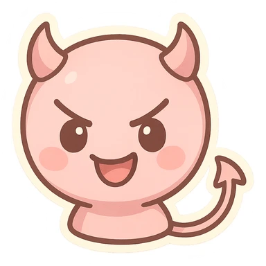 devil emoji, chibi style, pastel pink and white, tiny horns, cute but mischievous expression sticker