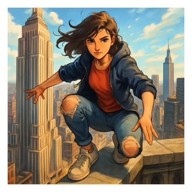 a confident girl squatting on the Empire State Building, urban setting, energetic pose sticker