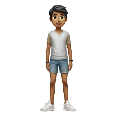 slender indian boy on shorts standing next to a mini cooper sticker