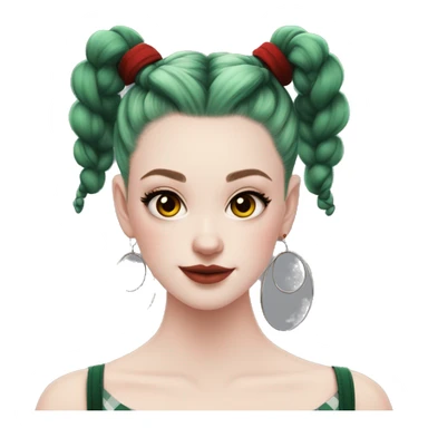  Pale skinned girl, dark green space buns hairstyle, wearing a red flannel, hoop earrings, thick wing eyeliner sticker