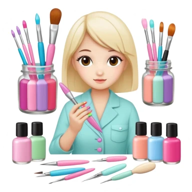 Minimalist nail art sticker pack featuring a cute female nail artist, nail tools like brushes and files, colorful nail polish bottles, small decorated nails, simple and clean design, pastel colors, kawaii style, delicate and charming, high-resolution, perfect for nail stickers sticker