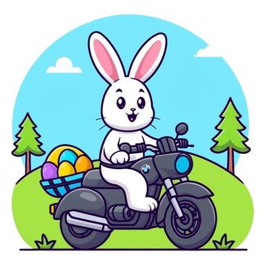 Easter bunny riding a BMW boxer motorcycle with trees and grass in the background and colorful Easter eggs hidden in the grass sticker